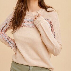 HEM & THREAD Lightweight Beige Sweater with Pastel Textured Stripe Detail